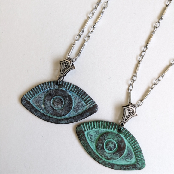 Jewelry - Green and Blue evil eye protection necklace, Handpainted patina eye necklace